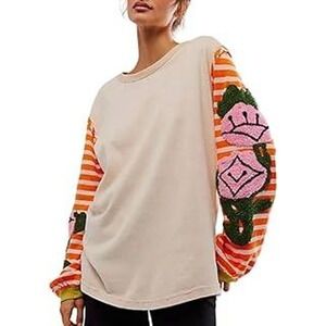 RomRum New Womens Floral Embroidered Striped Boho Eclectic Sweatshirt Top Lg